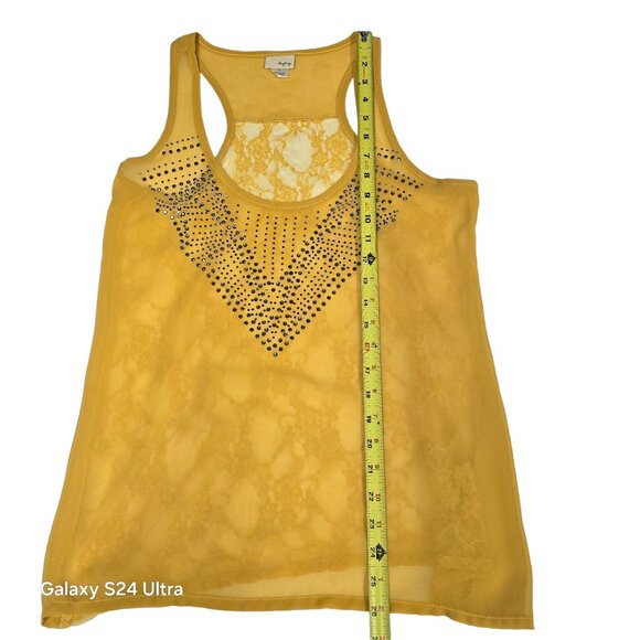Daytrip Yellow Racerback Tank Top Rhinestones Sheer Lace Overlay Medium - Picture 9 of 12